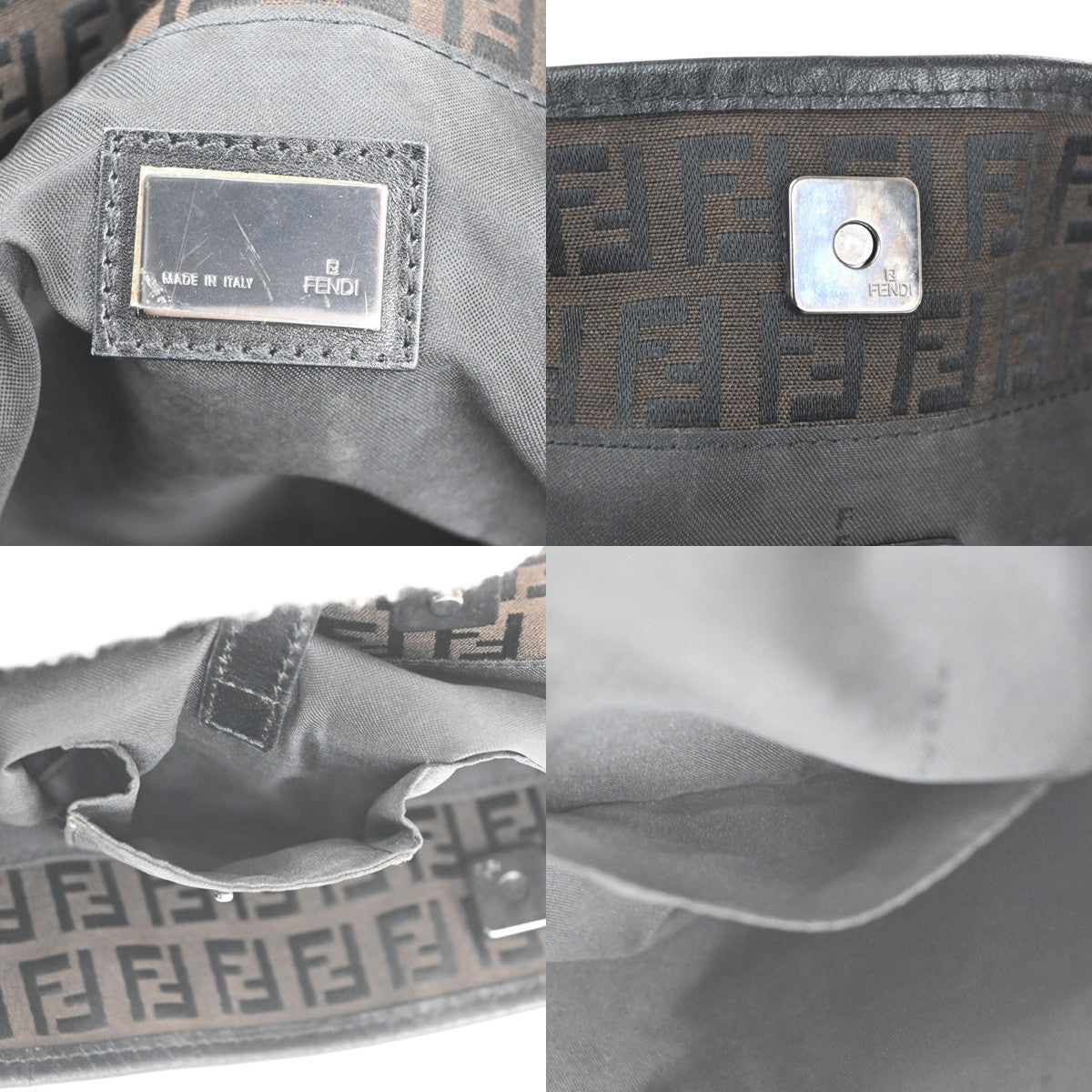 FENDI Logo Zucchino Hand Tote Bag Canvas Leather Brown Black SHW 80TA555