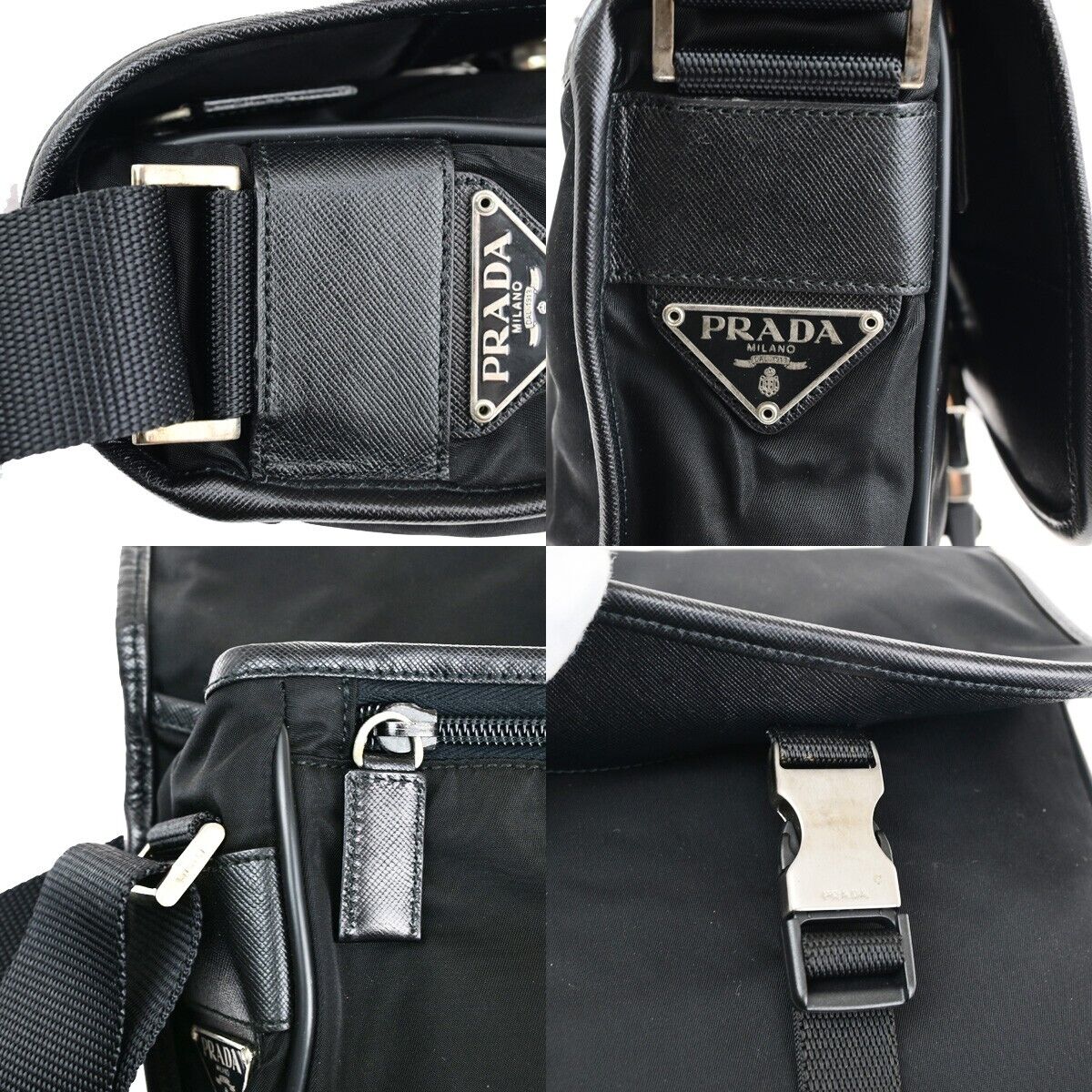 PRADA MILANO Tessuto Messenger Shoulder Bag Nylon Leather Black Silver 87EB675