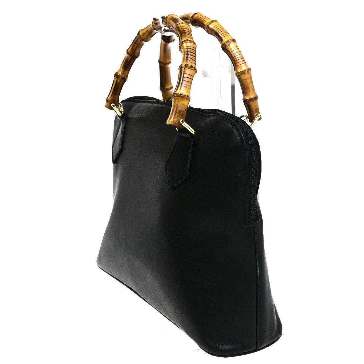 GUCCI Logo Bamboo Tote Shoulder Handbag Leather Black Italy GHW 60CB036
