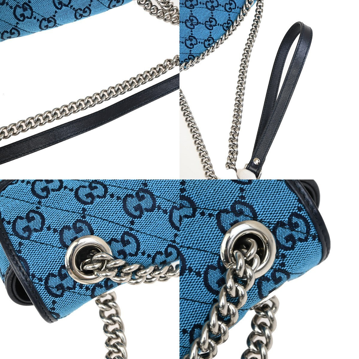 GUCCI GG Pattern Marmont Chain Shoulder Bag Canvas Leather Blue SHW 631RF272