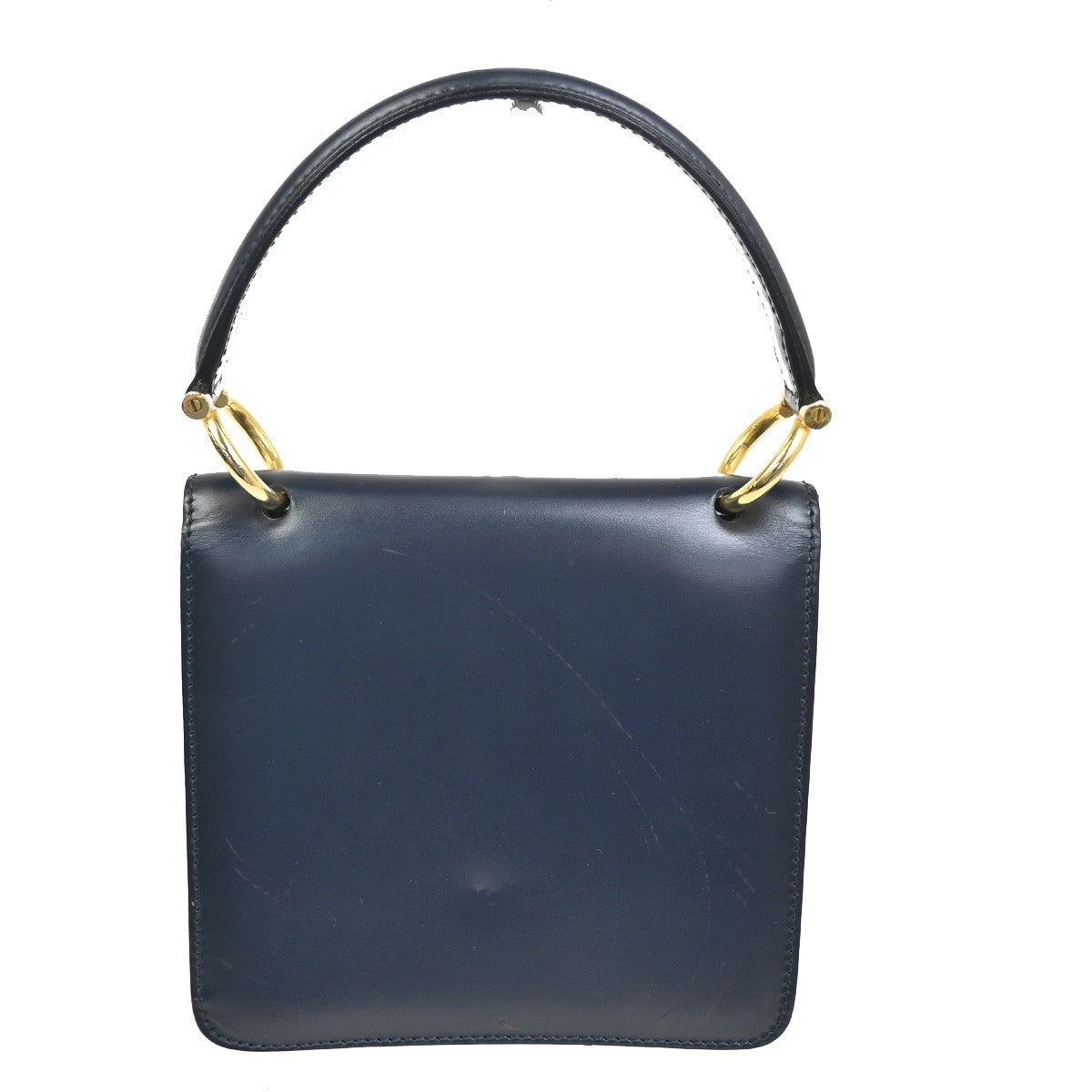 CELINE Logo Gancini Top Handle Hand Bag Leather Navy Blue Gold Italy 38TA361