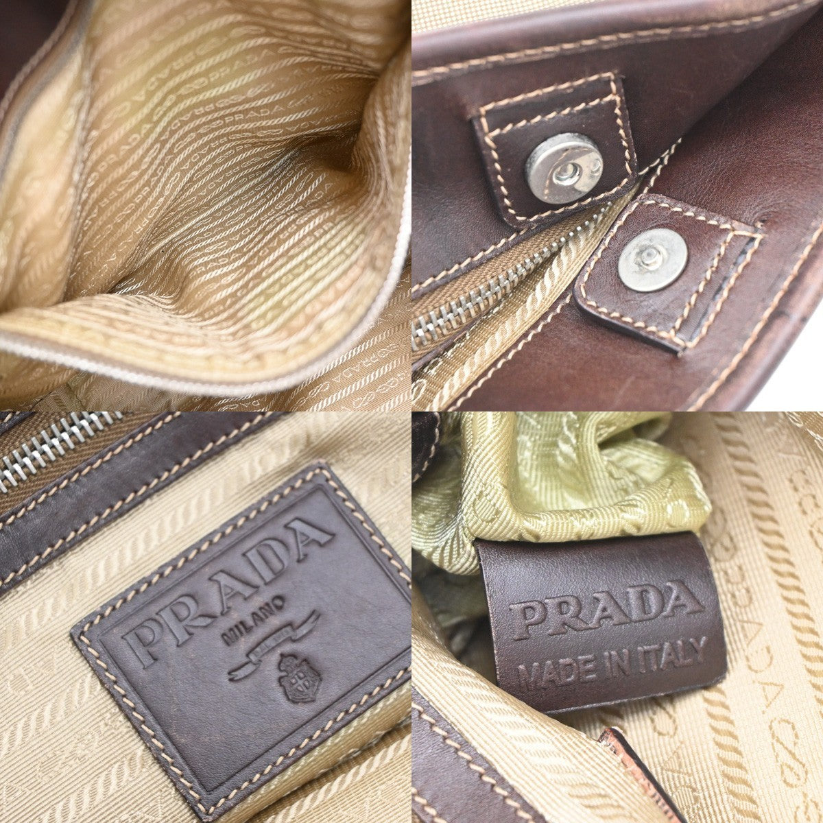 PRADA MILANO Logo Shoulder Bag Canvas Leather Brown Made in Italy 38KP156