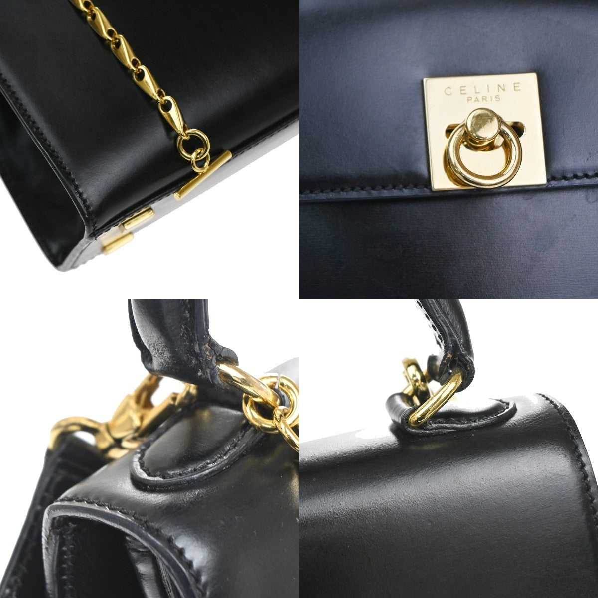 CELINE Logo Ring 2Way Shoulder Hand Bag Leather Black Italy GHW 34CA879