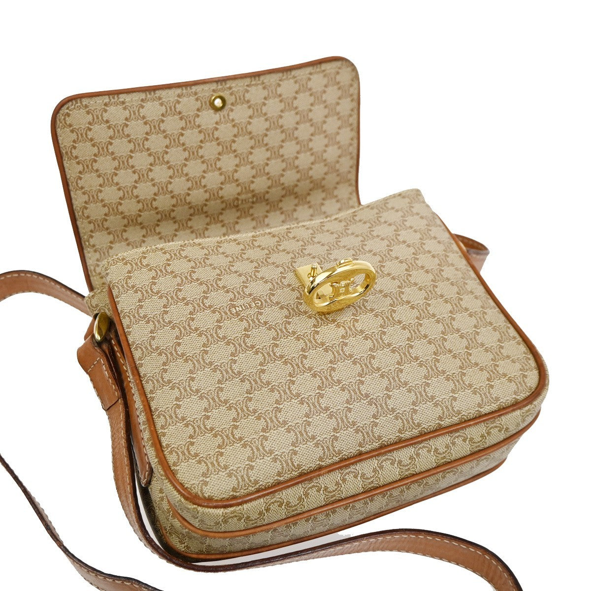 CELINE Logo Macadam Pattern Shoulder Bag PVC Leather Beige GHW Italy 67CA718