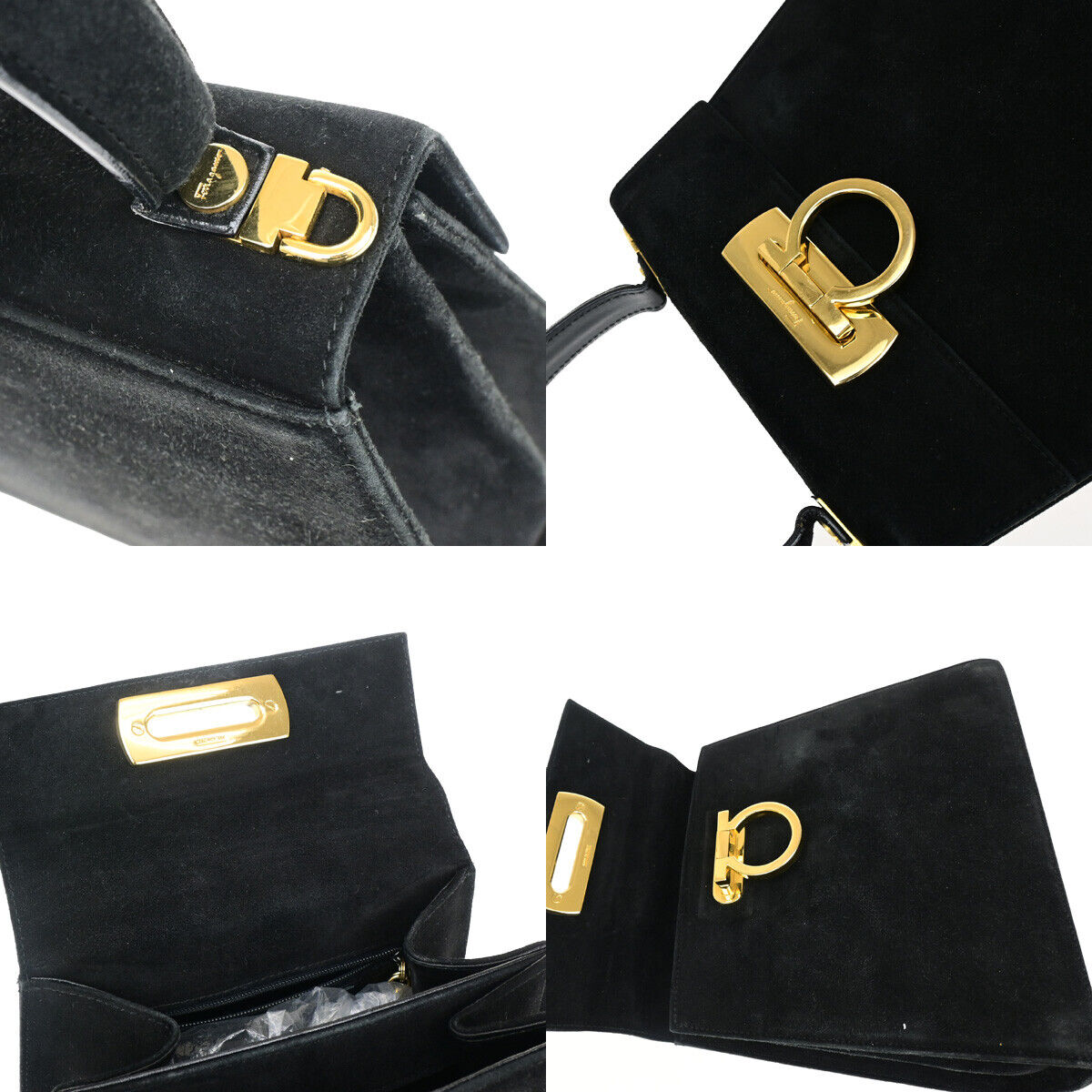 SALVATORE FERRAGAMO Logo Gancini Hand Bag Suede Leather Black GHW Italy 64YF984