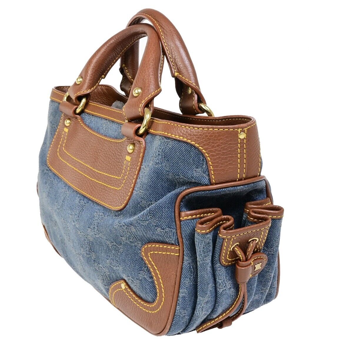 CELINE Logo Macadam Pattern Hand Tote Bag Denim Leather Brown 86FB086