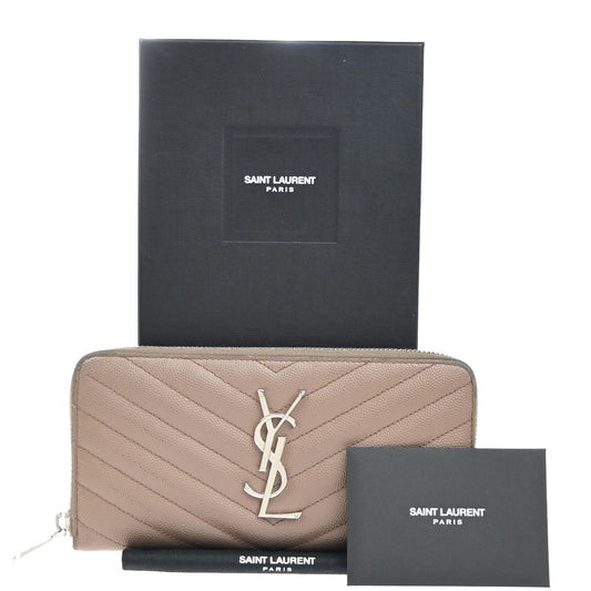 SAINT LAURENT YSL Logo Zipper Around Long Wallet Leather Beige SHW 64KP337