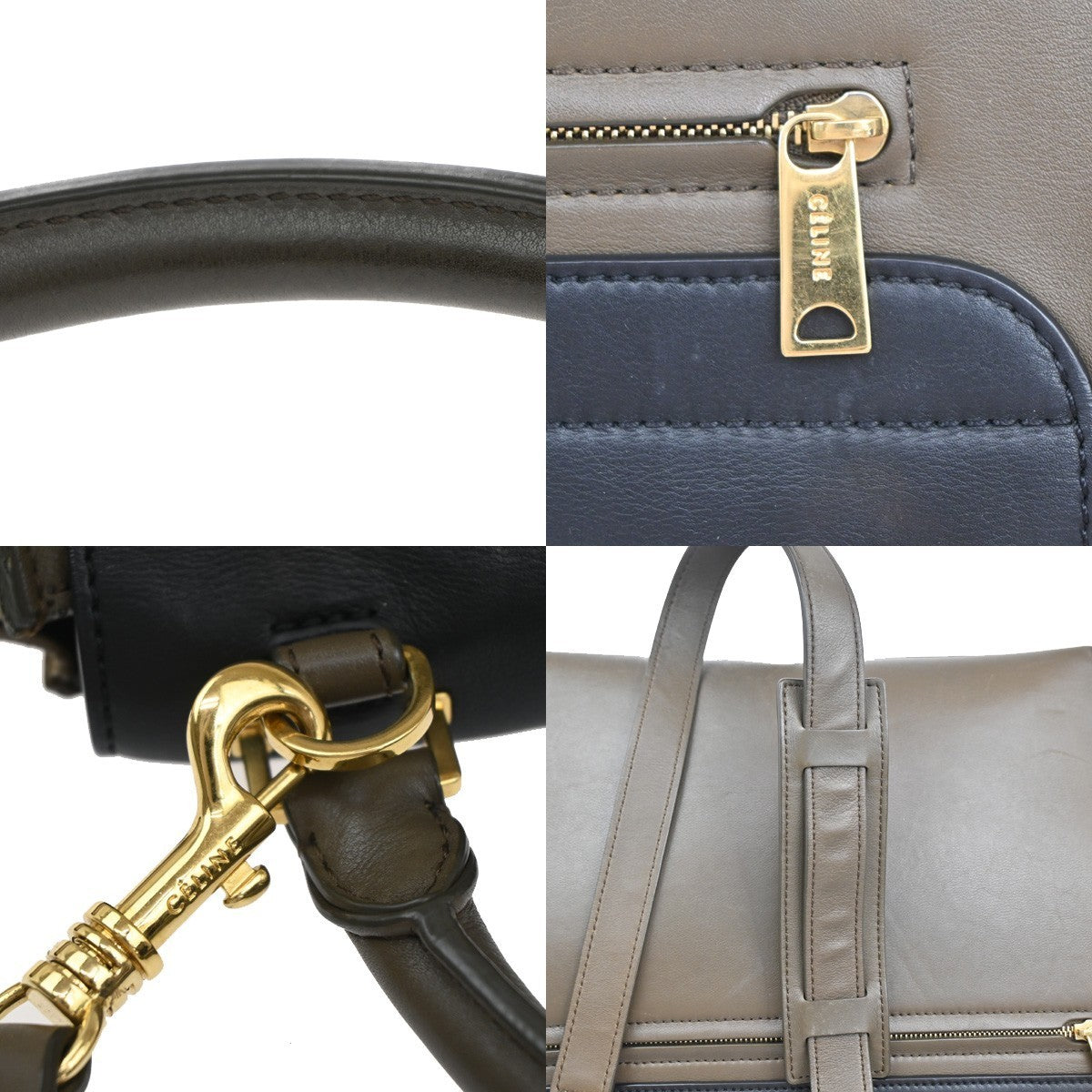 CELINE Trapeze Tricolor 2way Shoulder Hand Bag Leather Suede Khaki Beige 70KB559