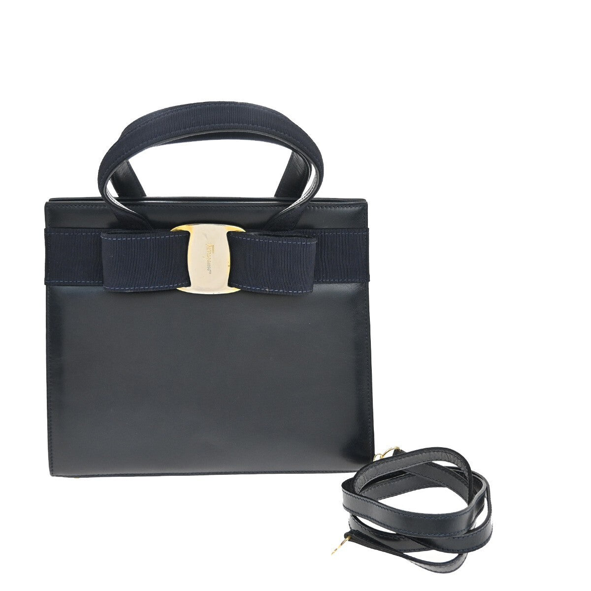 SALVATORE FERRAGAMO Logo Vara 2Way Shoulder Hand Bag Canvas Leather Blue 36FB807