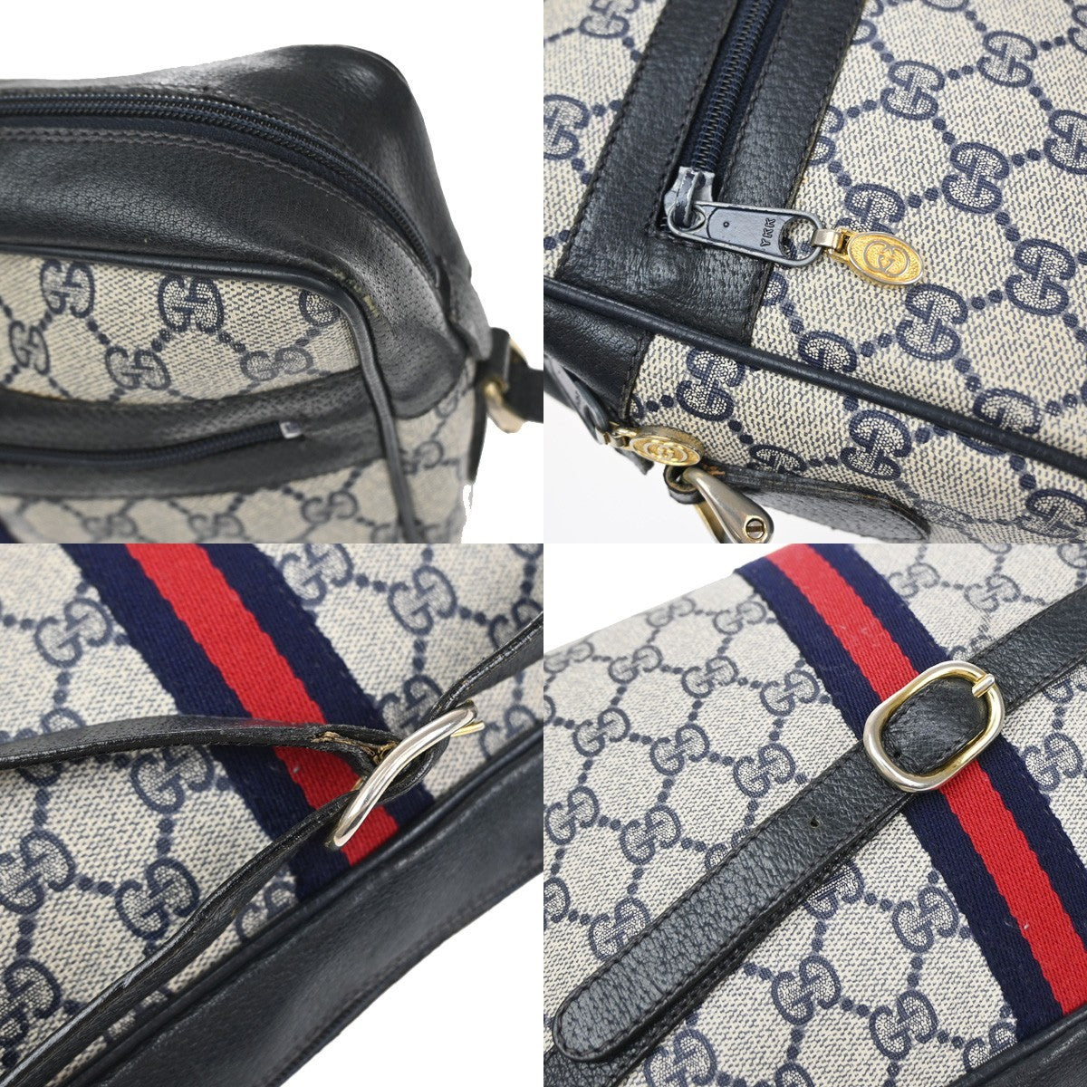 GUCCI Logo Sherry Web Line GG Pattern Shoulder Bag PVC Leather Blue 67YJ157