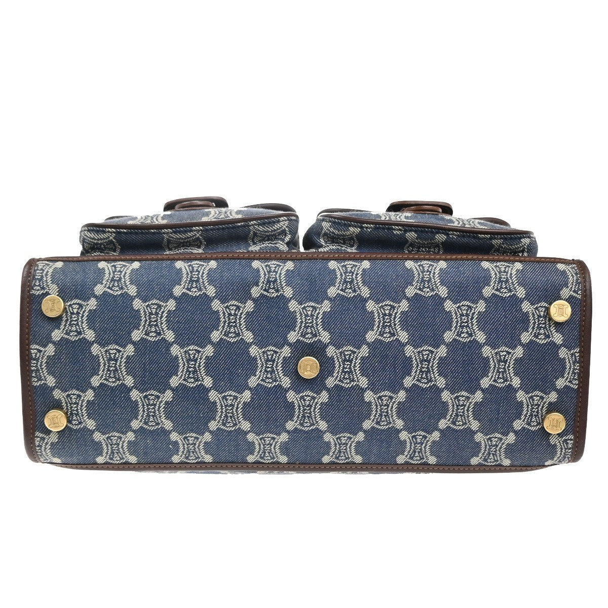 CELINE Logo Macadam Pattern Shoulder Bag Denim Leather Blue Brown GHW 83KP551