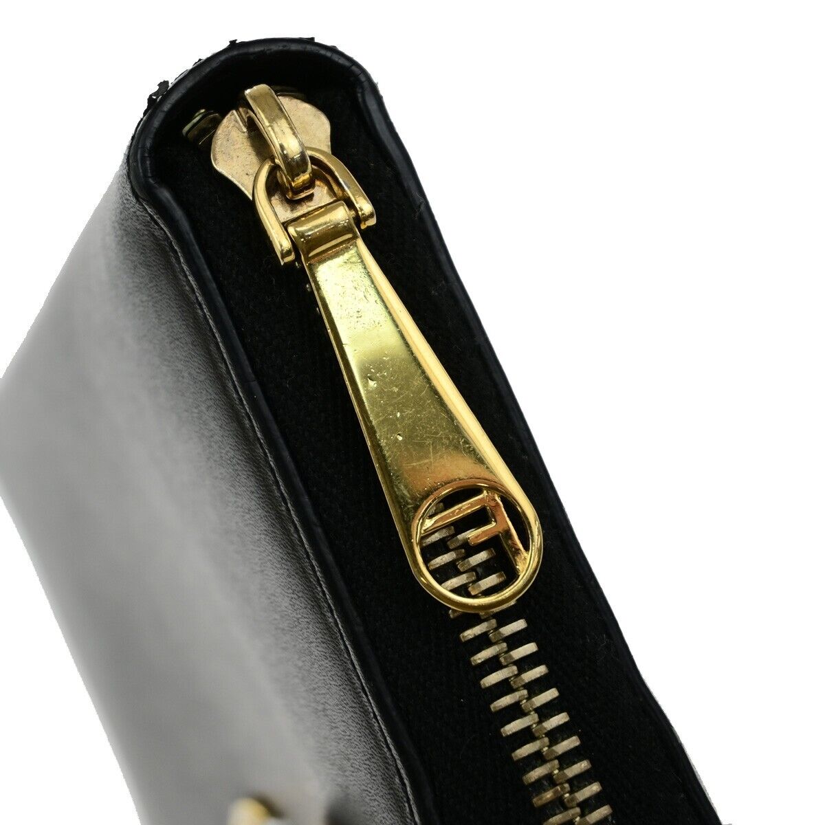 FENDI Logo Zipper Long Around Wallet Leather Black Italy 61EE083