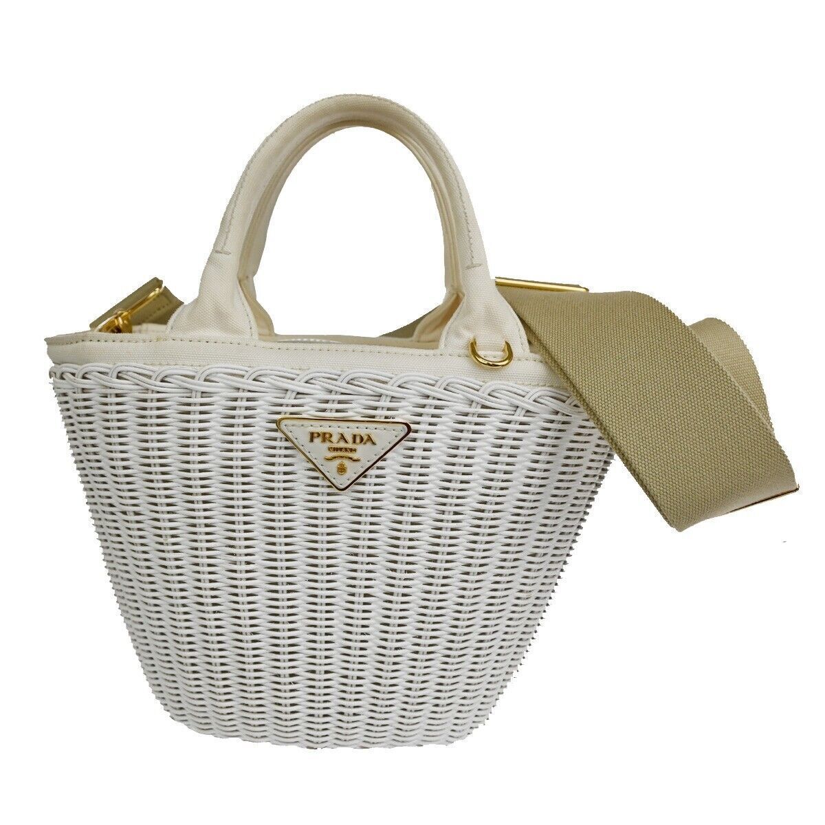 PRADA Logo Midollino Wicker 2Way Shoulder Hand Bag Canvas Leather White 686RH260