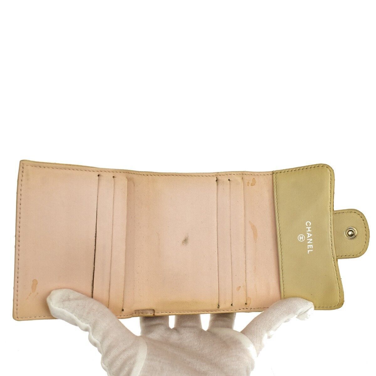 CHANEL CC Logo Matelasse Trifold Wallet Purse Leather Beige SHW France 05GA189
