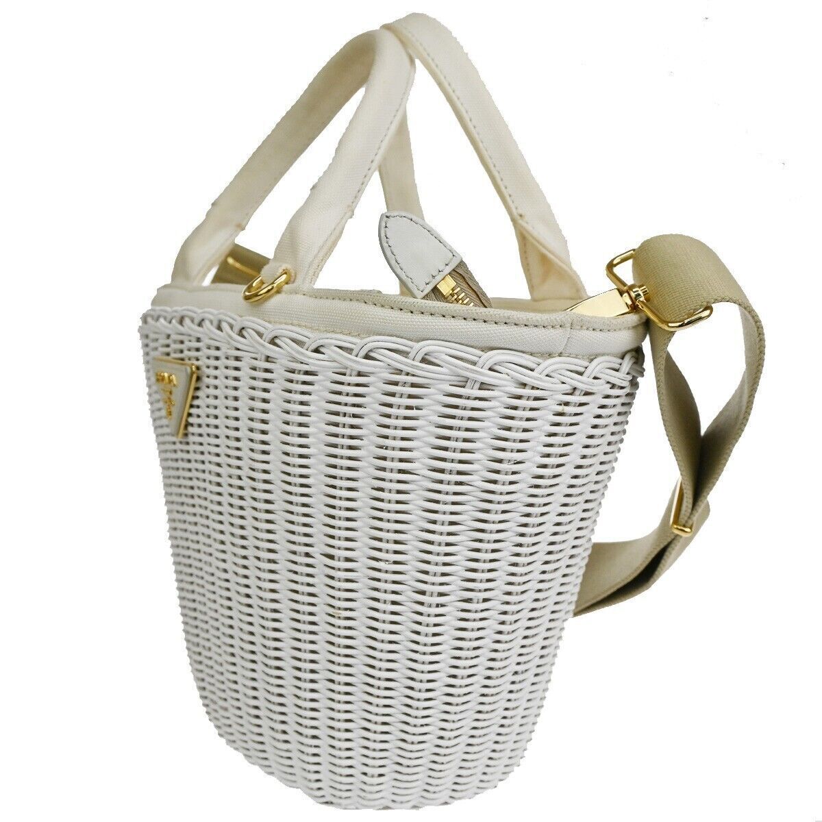 PRADA Logo Midollino Wicker 2Way Shoulder Hand Bag Canvas Leather White 686RH260