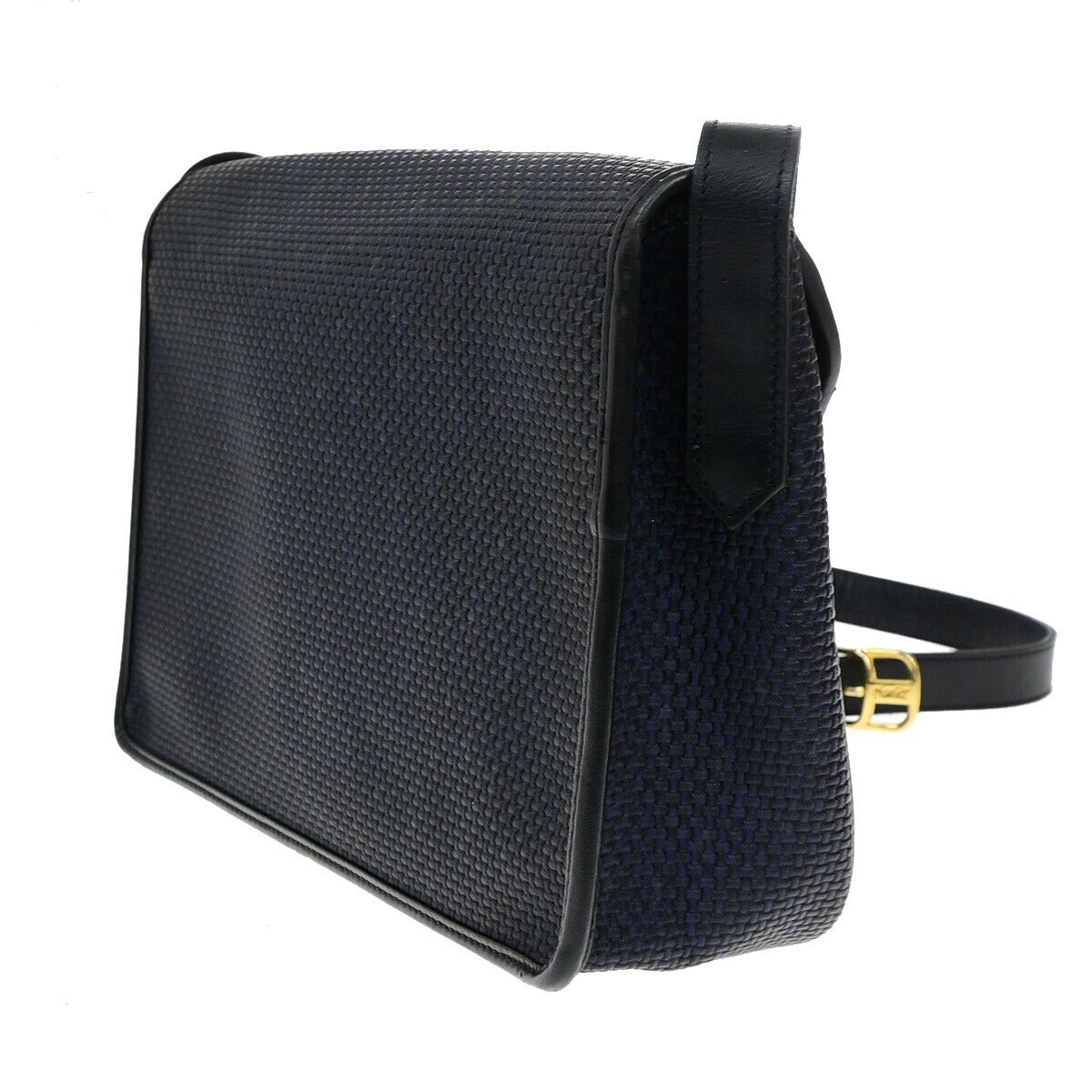 YVES SAINT LAURENT YSL Shoulder Bag Leather PVC Black Navy Blue Gold 66ED547