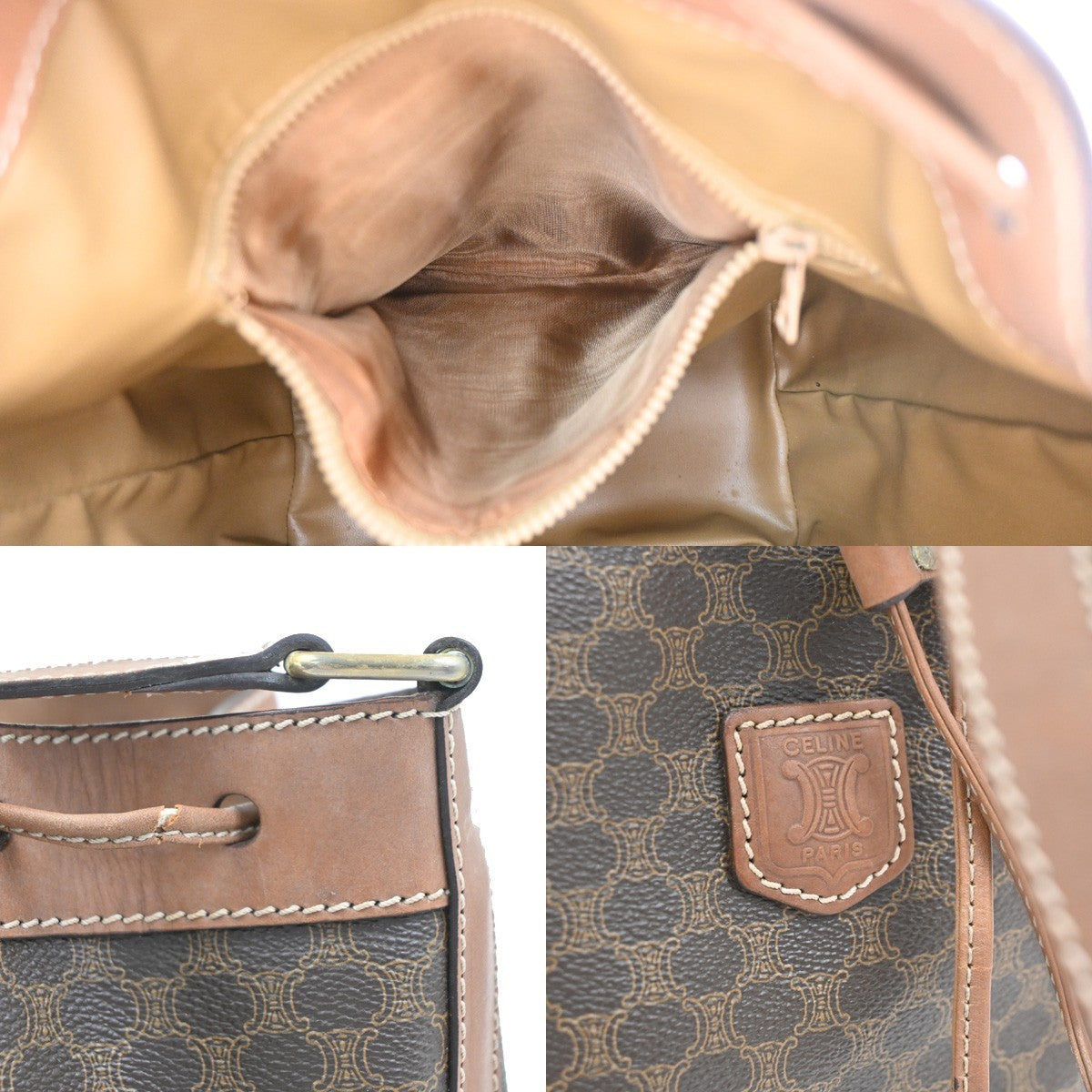 CELINE Macadam Pattern Drawstring Shoulder Bag PVC Leather Brown GHW 66CA994