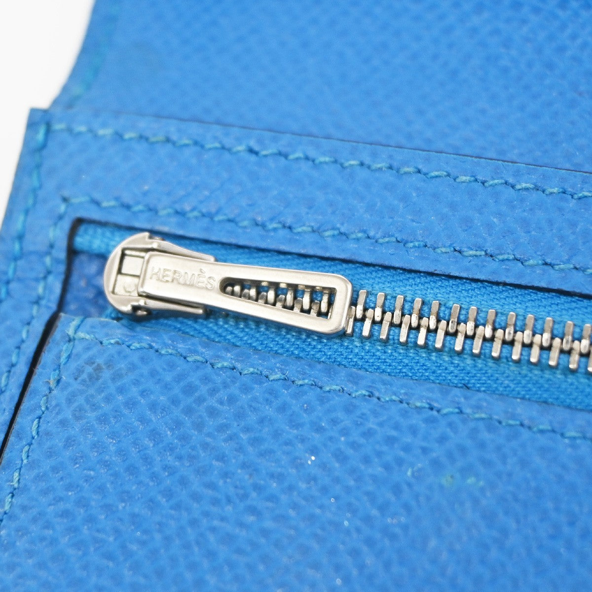 HERMES Logo Bearn Long Bifold Wallet Purse Epson Leather Blue SHW 65RQ023