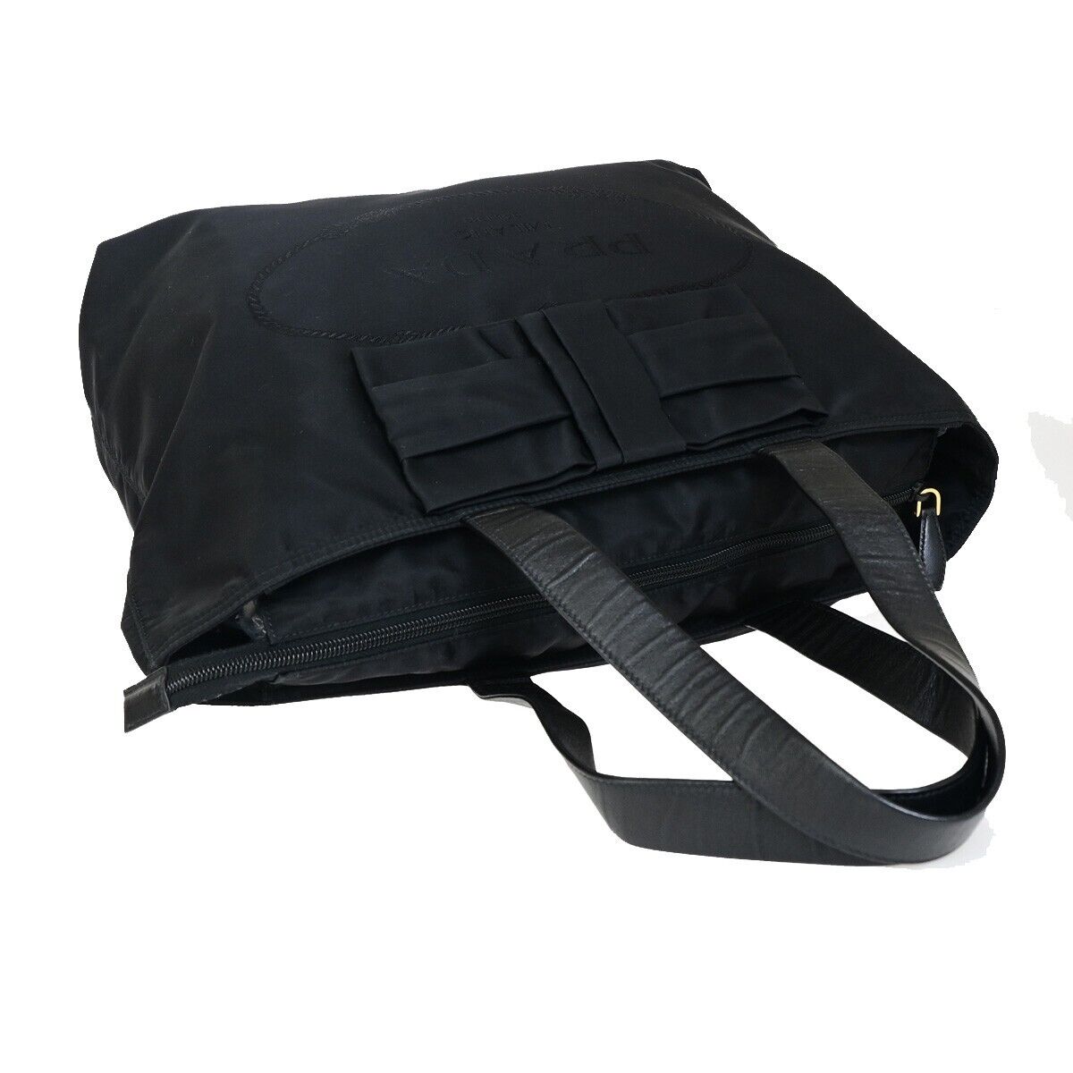 PRADA Logo Tessuto Ribbon Shoulder Tote Bag Nylon Leather Black Italy 95RK666