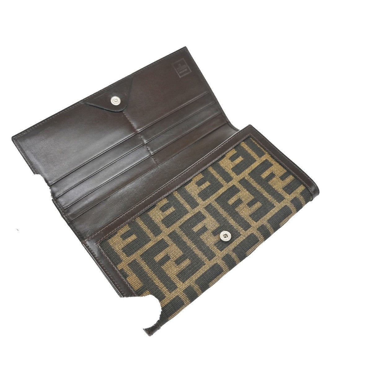 FENDI Logo Zucca Pattern Long Bifold Wallet Canvas Leather Brown 69KP025