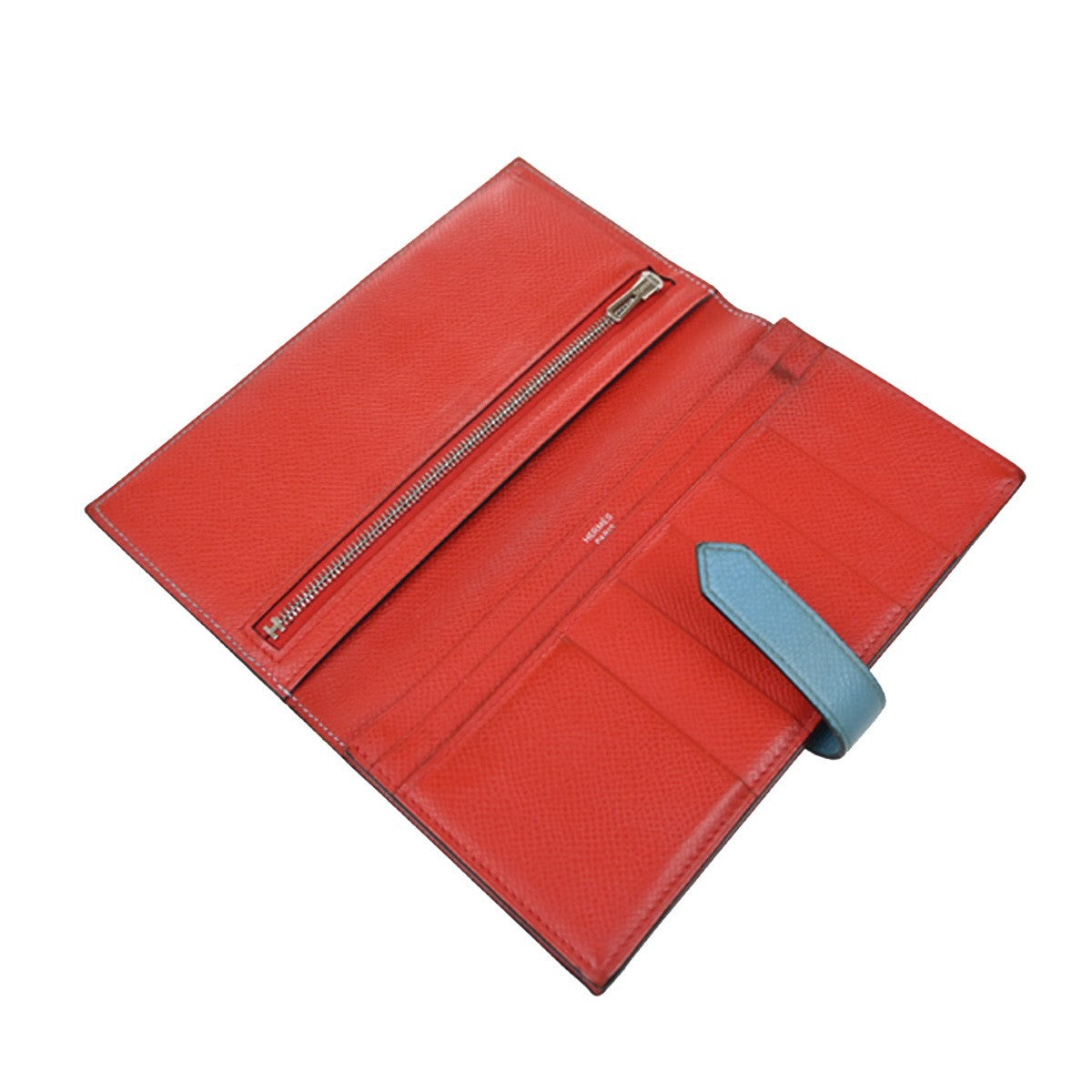 HERMES H Logo Bearn Long Bifold Wallet Leather Blue Red GHW France 32EF997