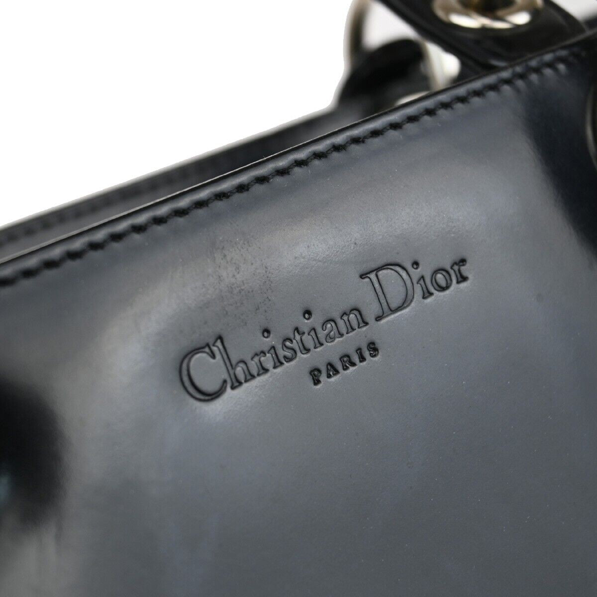 CHRISTIAN DIOR Lady Tote Hand Bag Patent Leather Black Silver Italy 12SH744