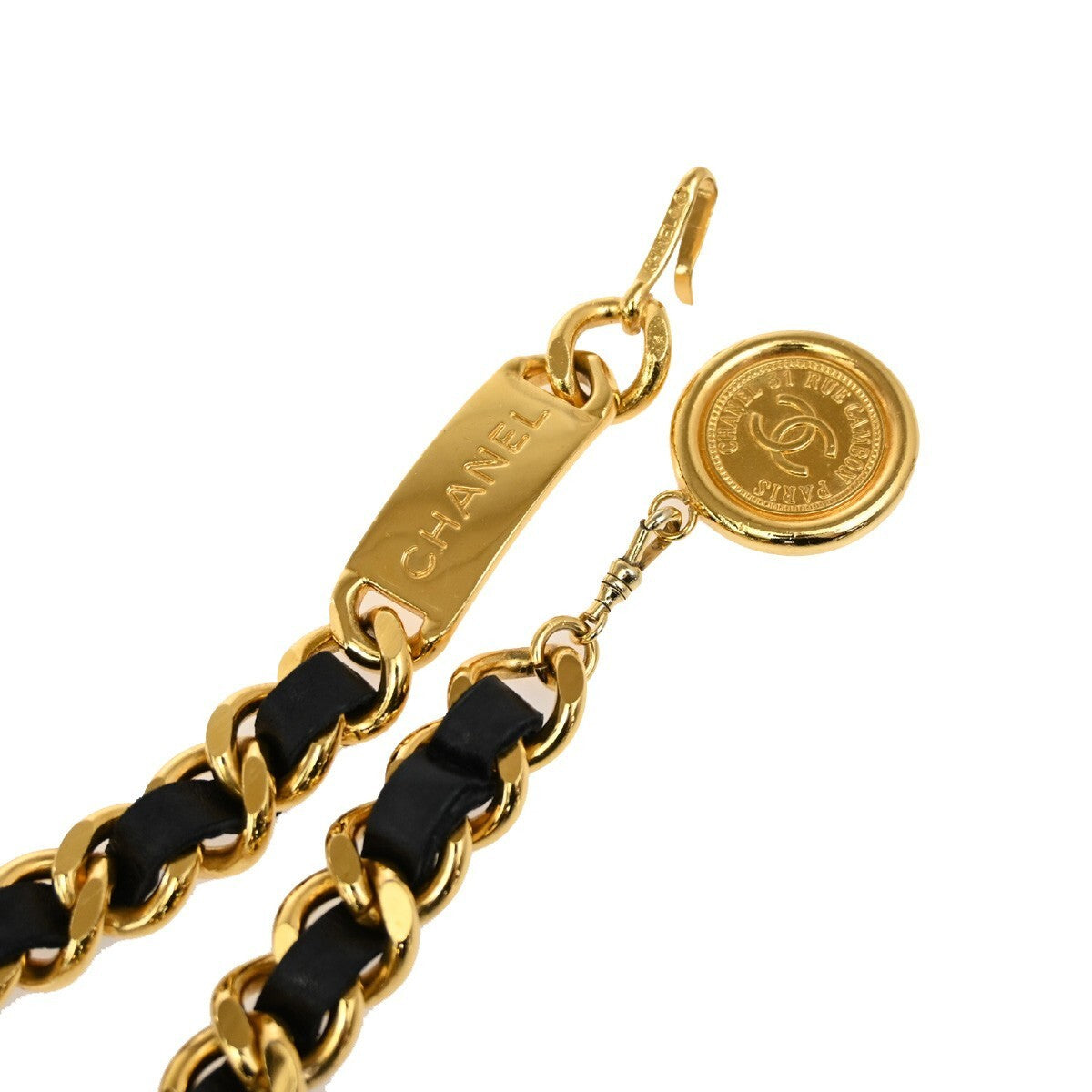 CHANEL CC Plate Medallion Charm Chain Belt Leather Black GHW Accessory 24RL137