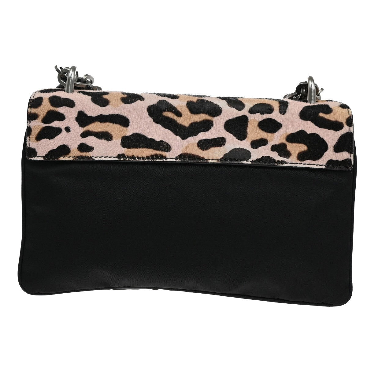 PRADA MILANO Leopard Chain Shoulder Bag Hair on Leather Nylon Black Pink 99KC004