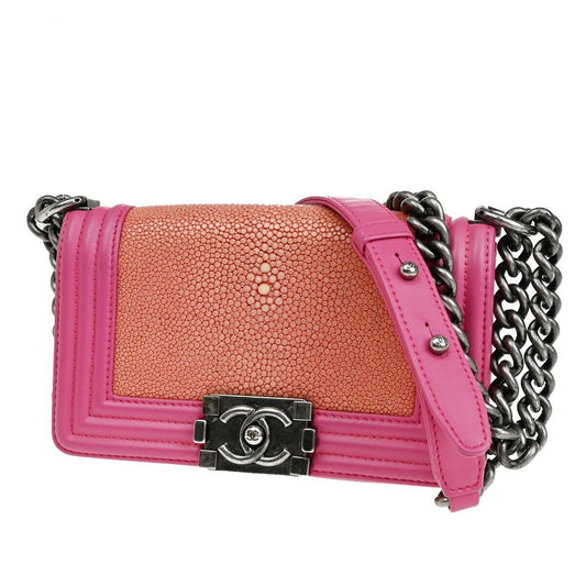 RARE!! CHNAEL CC Logo Boy Chain Shoulder Bag Exotic Leather Pink SHW 373RJ794