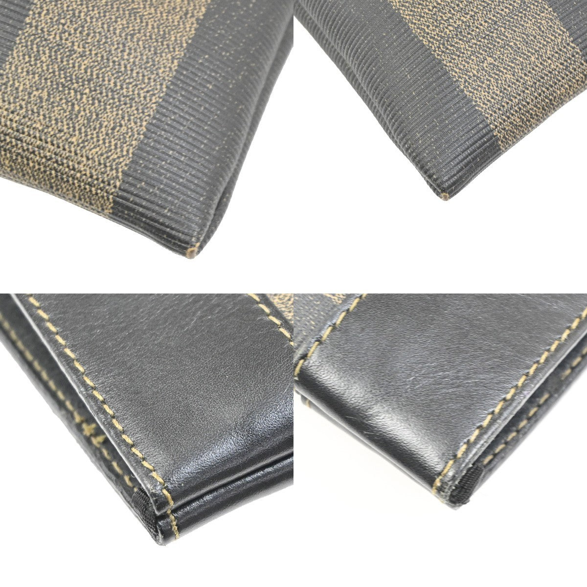 FENDI FF Logo Pequin Stripe Tote Hand Bag PVC Leather Brown Black 68CA783