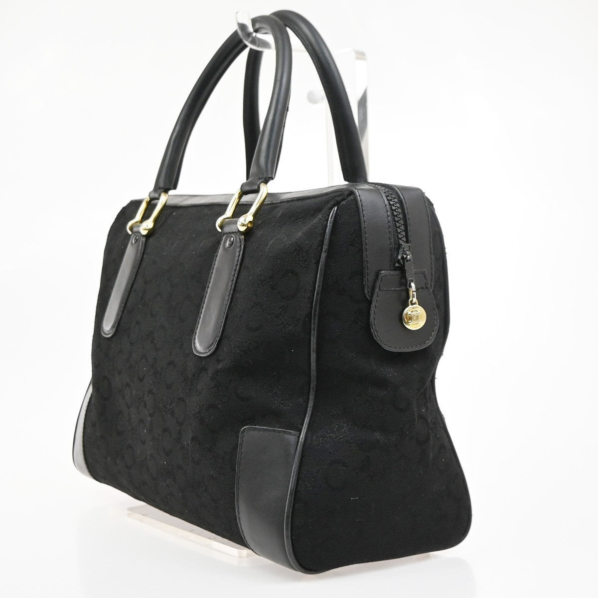 CELINE Logo C Macadam Horse Carriage Hand Bag Canvas Leather Black GHW 32MA687