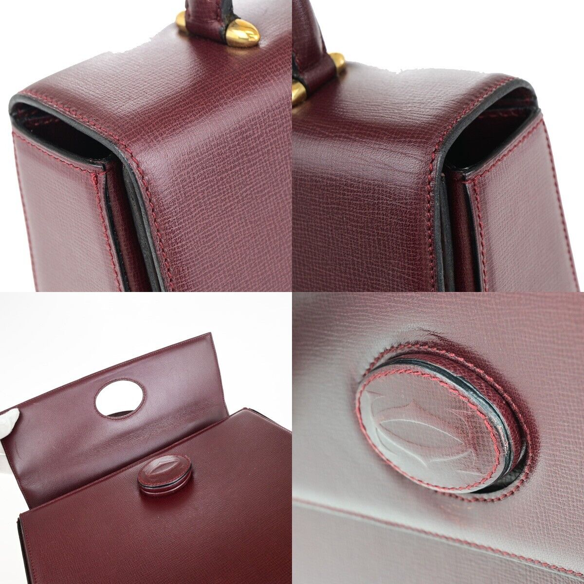 CARTIER 2C Logos Hand Bag Leather Bordeaux Gold-Plated Made In Spain 78EC825