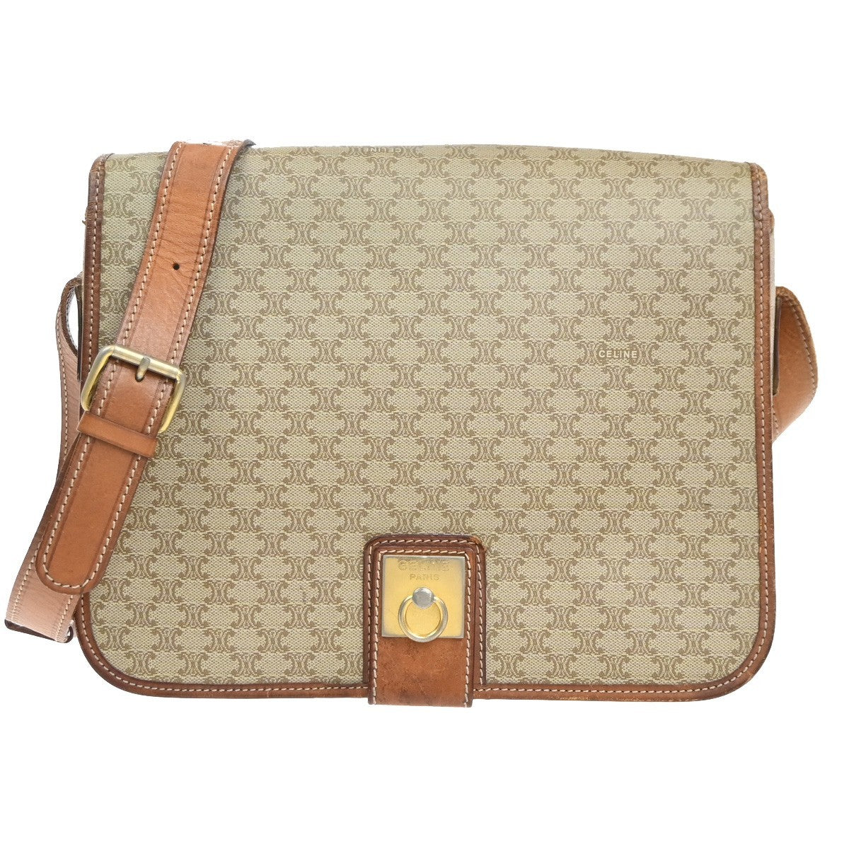 CELINE Logo Macadam Pattern Shoulder Bag PVC Leather Beige GHW Italy 68KC717