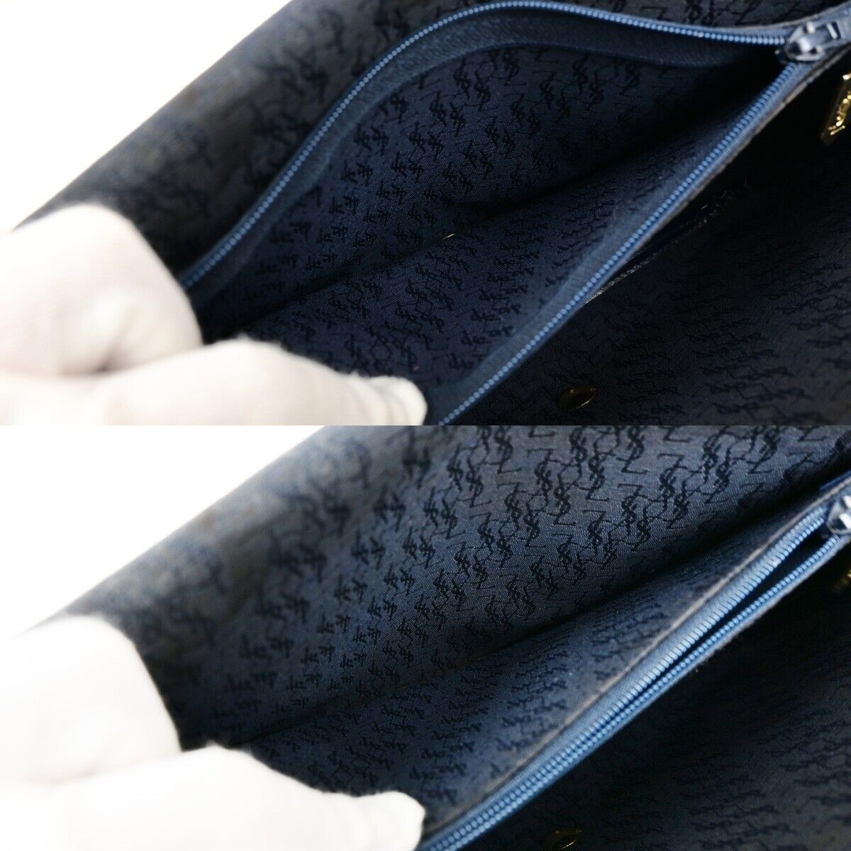 YVES SAINT LAURENT YSL Shoulder Bag Leather PVC Black Navy Blue Gold 66ED547