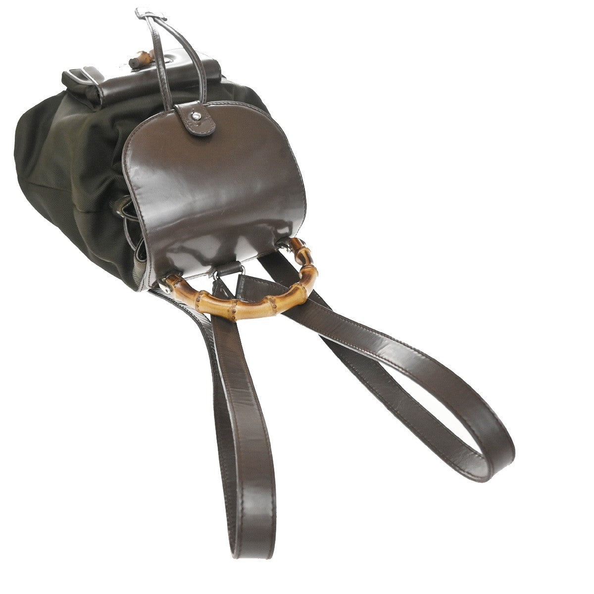 GUCCI Logo Bamboo Backpack Bag Patent Leather Nylon Brown Italy 62EG399