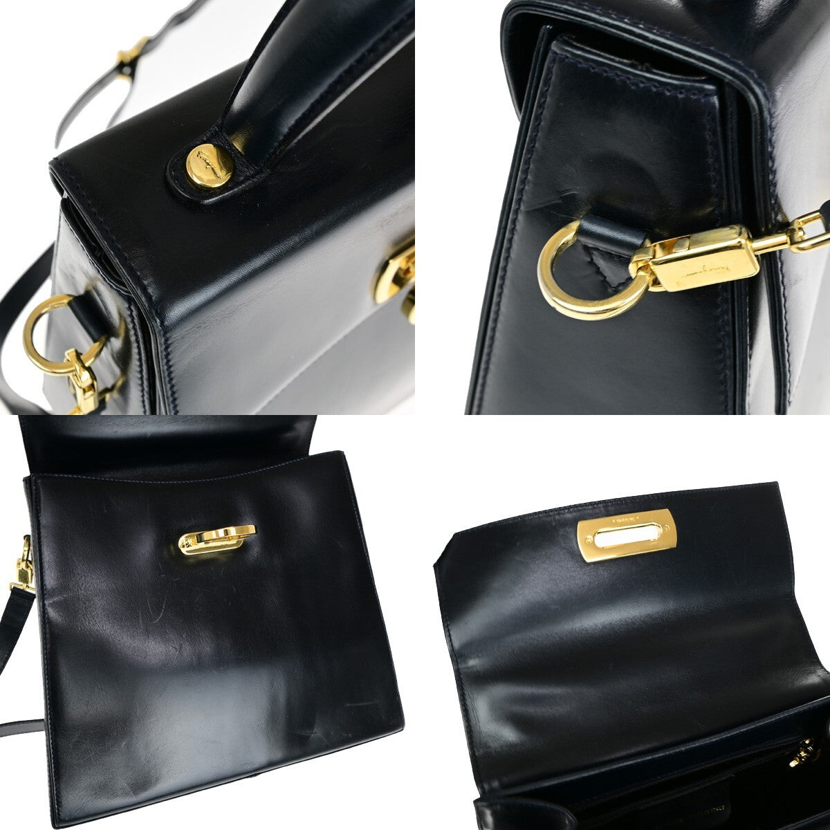 SALVATORE FERRAGAMO Logo Gancini 2Way Shoulder Hand Bag Leather Blue GHW 34YF576