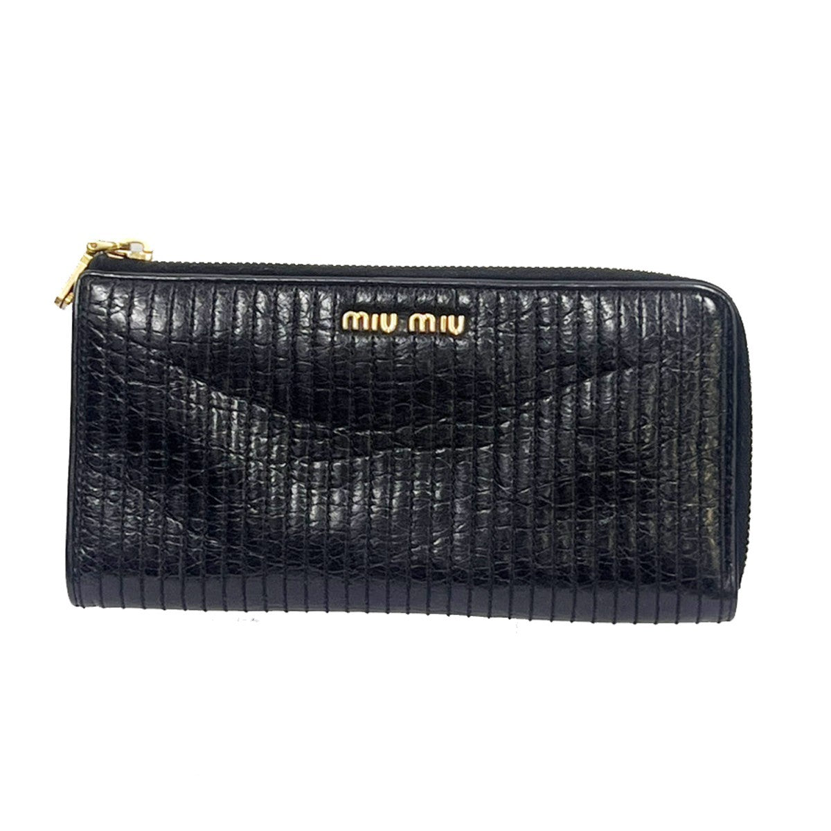 MIU MIU Logo Long Wallet Imitation Pearl Rhinestone Leather Black 60EG137