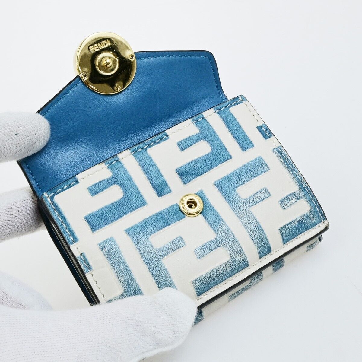 FENDI Zucca Pattern Mini Trifold Compact Wallet Leather Blue White Italy 61KA542