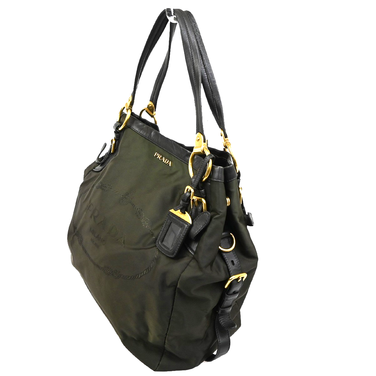 PRADA MILANO Logo Tessuto Prada  Shoulder Bag Nylon Leather Khaki Italy 81KB773
