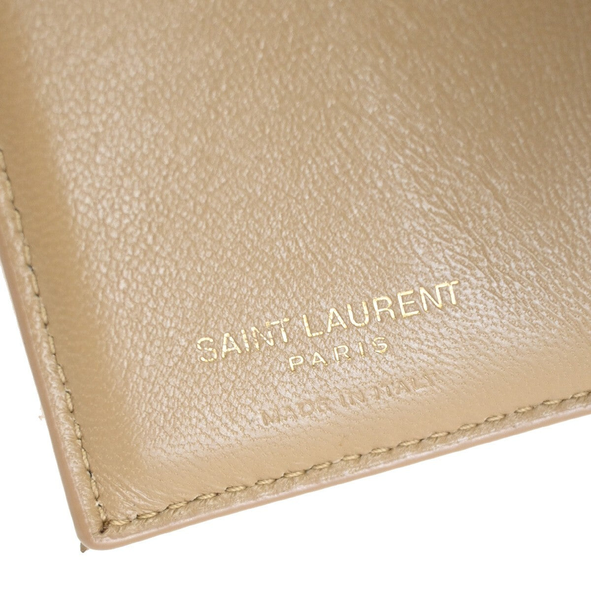 SAINT LAURENT YSL Logo Trifold Compact Wallet Leather Beige Gold Italy 66EE858