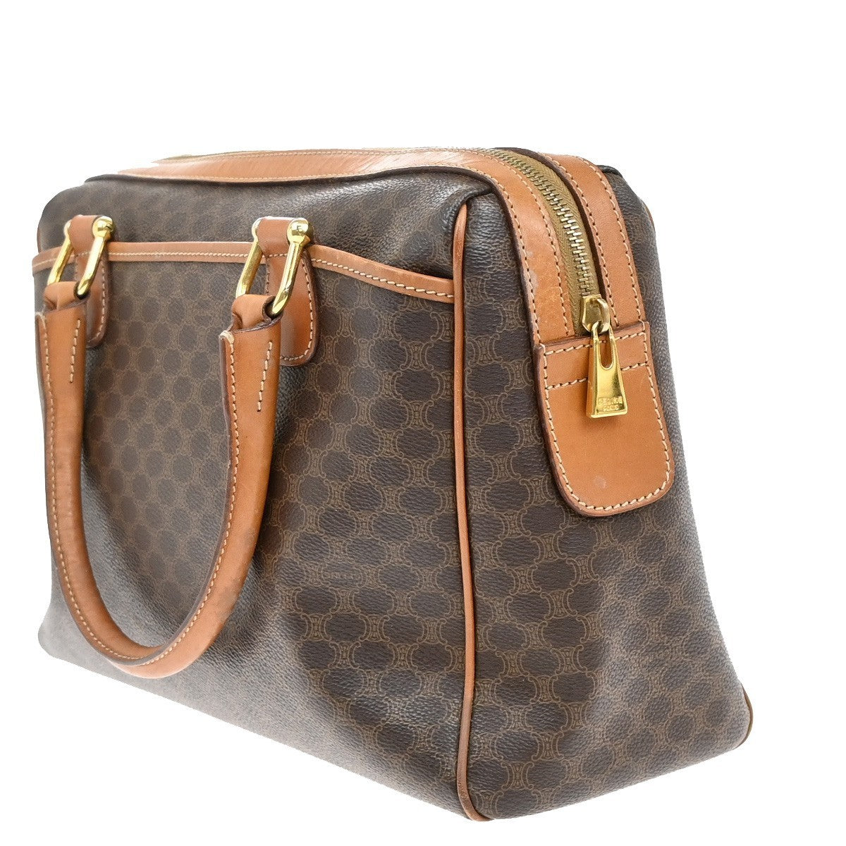 CELINE Logo Macadam Pattern Travel Hand Boston Bag PVC Leather Brown 69KB421