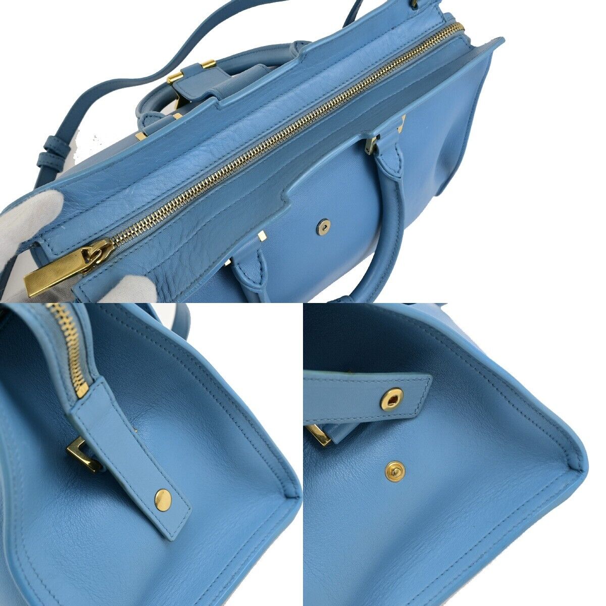 SAINT LAURENT  Logo Classic Y Cabas 2 Way Hand Bag Leather Blue Gold 79FB398