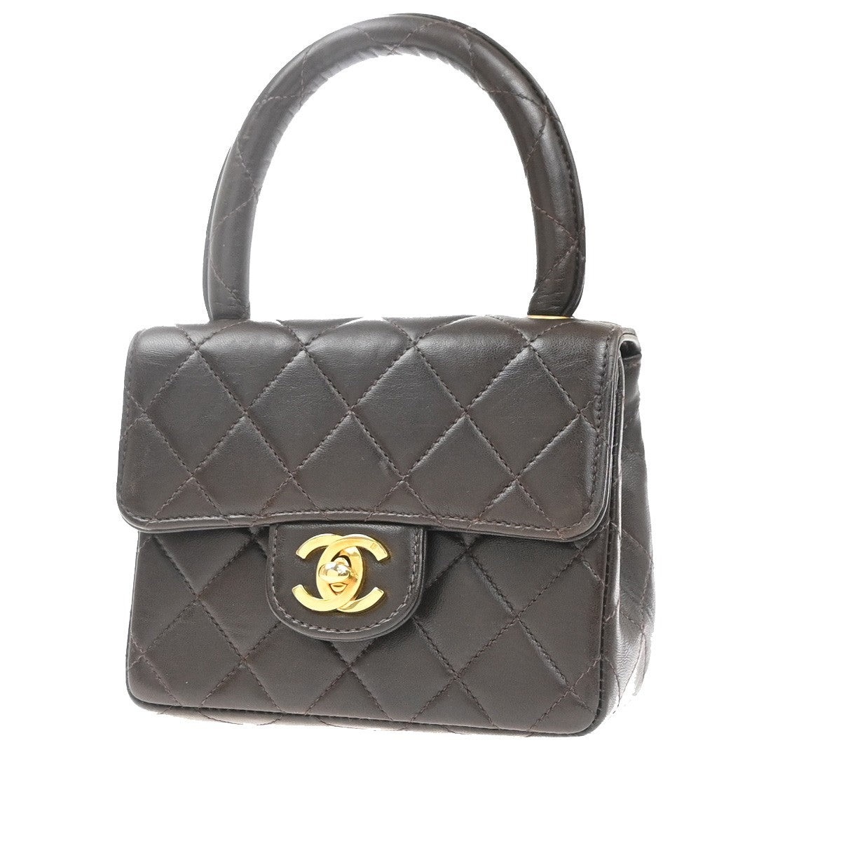 CHANEL CC Logo Mini Top Handle Matelasse Hand Bag Leather Brown France 865RL909