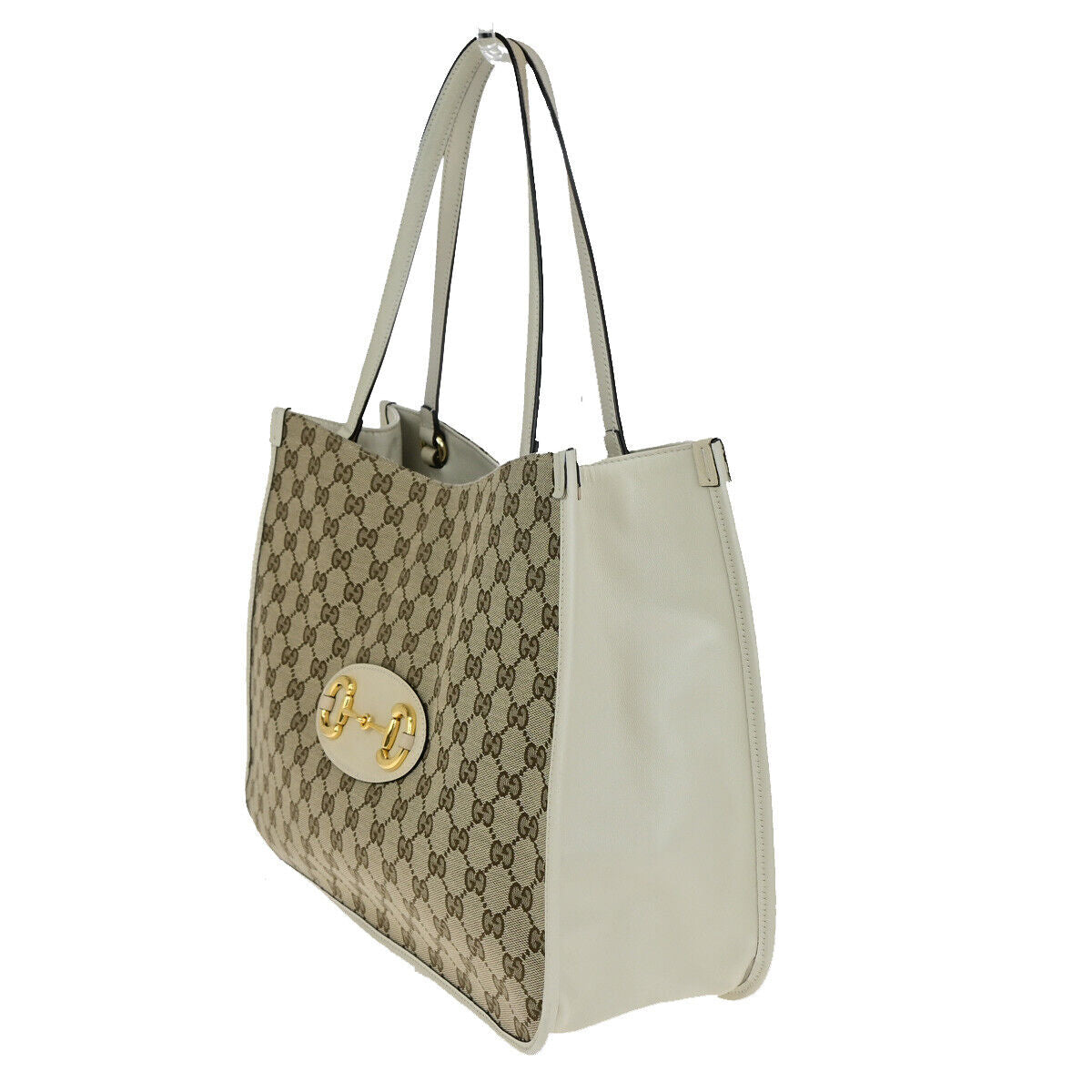 GUCCI Logo Horsebit GG Pattern Shoulder Bag Canvas Leather Brown White 20YG552