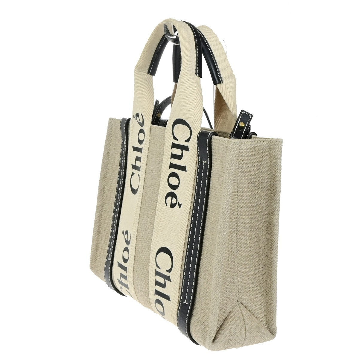 CHLOE Woody Tote Shoulder Hand Bag 2Way Canvas Leather White Navy GHW 90RK538