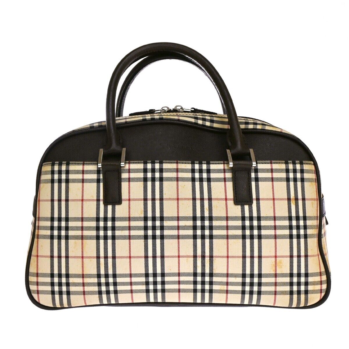 BURBERRY Logo Nova Check Hand Bag Canvas Leather Beige Brown Silver 63HB067