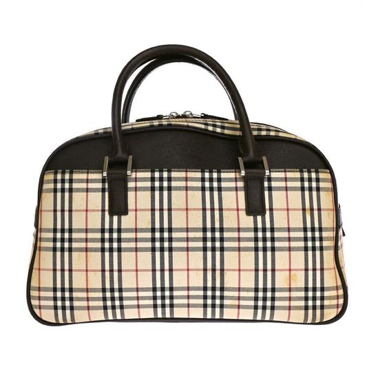 BURBERRY Logo Nova Check Hand Bag Canvas Leather Beige Brown Silver 63HB067