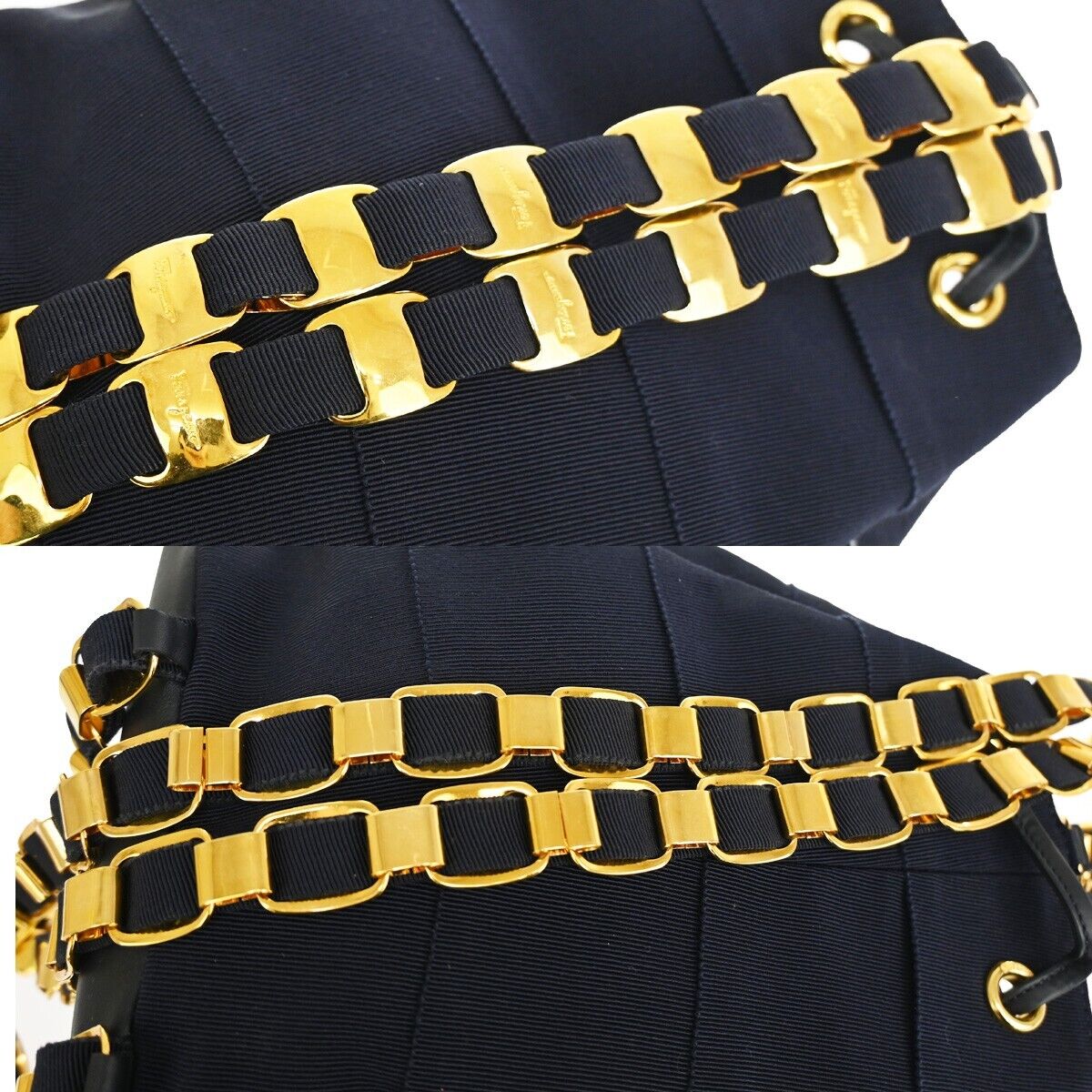 SALVATORE FERRAGAMO Vara Chain Backpack Bag Canvas Leather Navy Blue GHW 68YD430