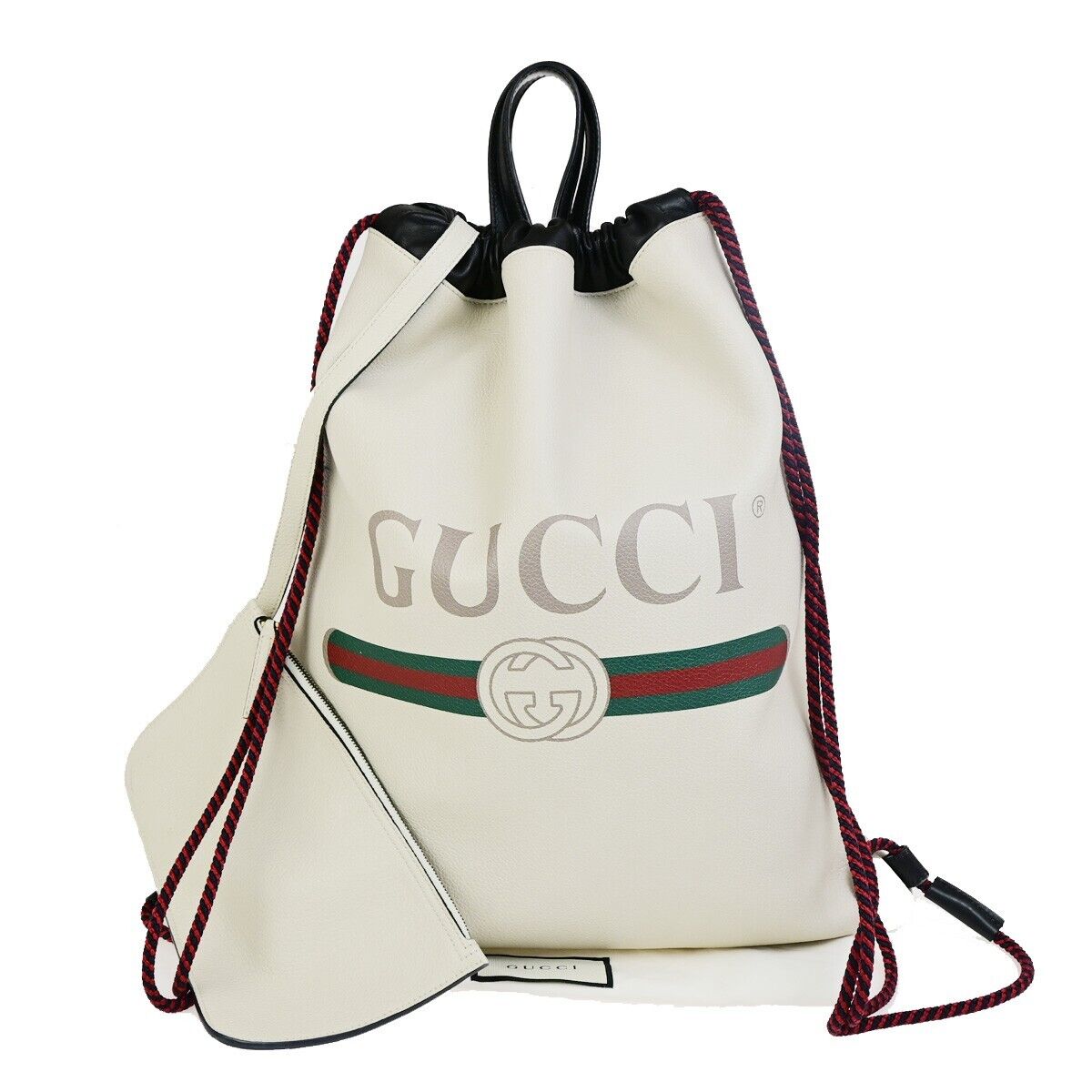 GUCCI GG Logo Print Drawstring Backpack Bag Leather White Italy 84FB214
