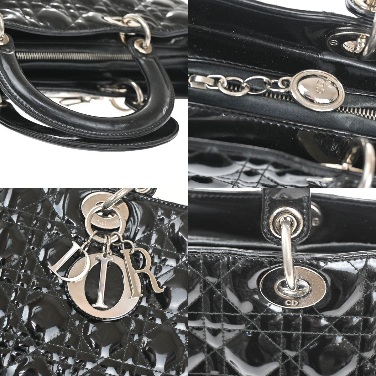 CHRISTIAN DIOR Logo Lady Cannage Hand Bag Patent Leather Black SHW 21TA215